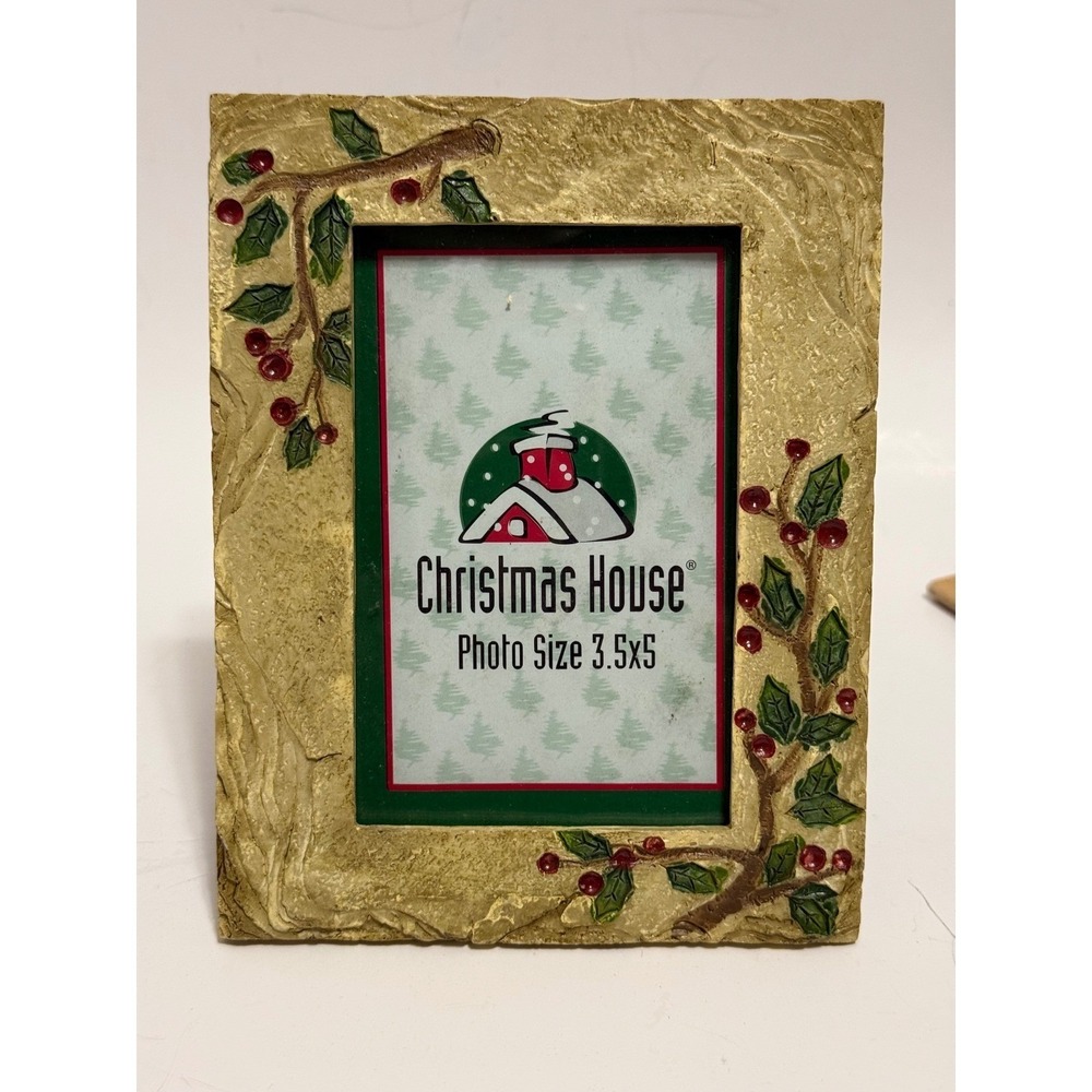 Christmas House Gold Holly Berry 3.5x5 Picture Frame Textured Resin Holiday Deco